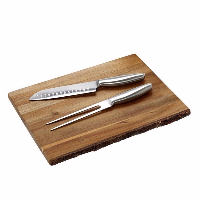 Cryspo Trio Set 3 Tmx Plato Serbirismatos Psitou 'Acacia' me Inox Maxairi Santoku & Labida 38x28cm 0100303